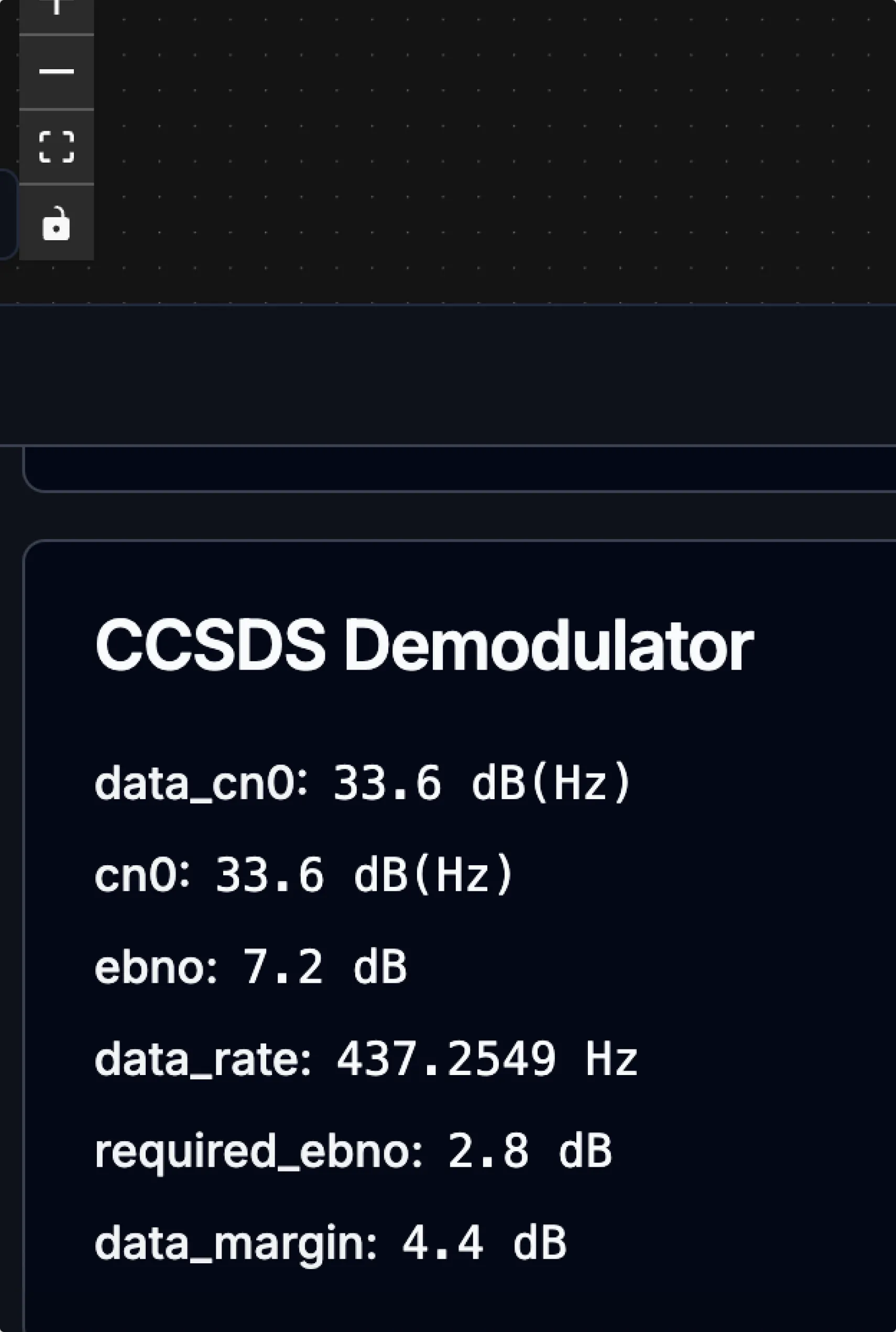 Results pane has the power level, noise temperature, and C/N0 at the output of every block